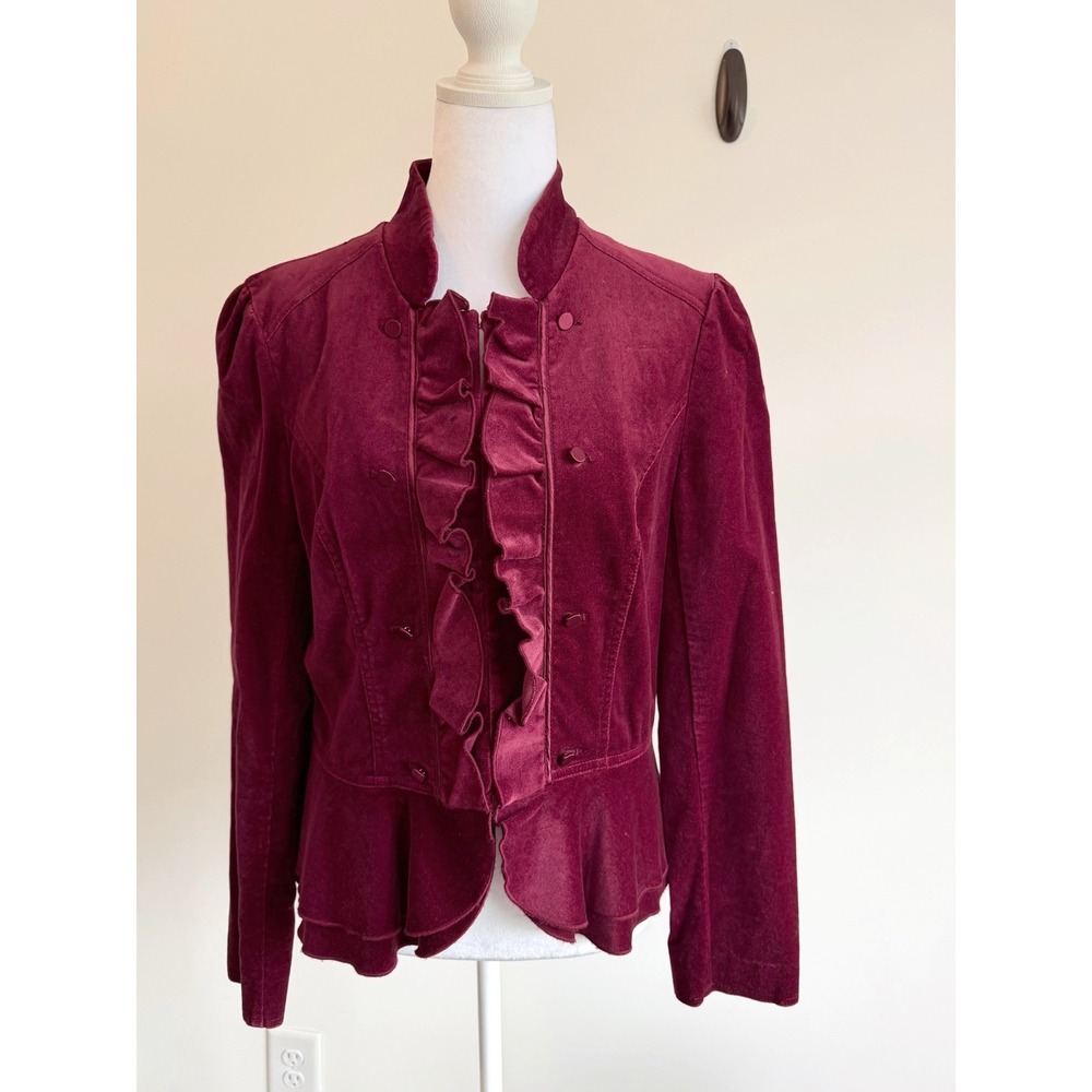 Women's Burgundy Velvet Ruffle Peplum Jacket Victorian Romantic G
